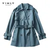 VIMLY Trench corto per donna Autunno Inverno Moda coreana Risvolto Giacca doppiopetto con cintura Elegante donna F8908 220804