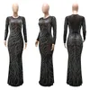 Casual Dresses Sexy Crystal Rhinestone Bodycon Maxi Dress Women Evening Elegant Mesh See Through Long Sleeve Nightclub Party Birthday DressC