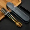 أدوات المائدة الذهبية 3pcs/مجموعة أدوات مائدة محمولة مع Case Chopsticks Fork Fork Soup Spoon Camping Outdoor Picnic Pansils Y220530