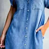 Sommarkvinnor kn￤l￤ngd kl￤nning mode v￤nd krage kort ￤rm knapp denim skjorta kl￤nning kvinna avslappnad stor storlek jean kl￤nningar