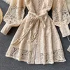 Runway Designer Vintage Mini Hollow Out Embroidery Stand Collar Lantern Sleeve Bow Sashes Lace Up Party Dress 2023