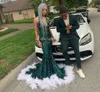 Emerald Green Sequin Mermaid Prom Jurken met Veer voor Black Girls Luxe ASO EBI Afrikaanse avondjurk 2022 Halter Night Party Formele Jurken Gewaden De Soirée