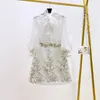 Runway Autumn Skirt Suits Women's Sets Fashion Lantern Sleeve Bows Chiffon Blouses Tops Vintage Beaded Flower Appliques Skirts 220627