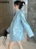 Lautaro Spring Autumn Blue Overdized Soft Leather Blazer Jacka Woman With Back Slit Long Sleeve Luxury Designer Outerwear 2022 L220801