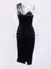 Asia Single Shoulder Midi Dress Polka Dot Cut out Mesh Velour Sexy Split Black Dress Woman Elegant Fashion Bodycon Party Wear 220511