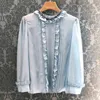 Spring and summer new shirt heavy industry diamond studded fungus temperament vertical Chiffon blue Ruffle Top