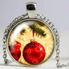 Pendant Necklaces Christmas Reindeer Bells Round Necklace 25mm Glass Cabochon Women Girl Jewelry Party Birthday