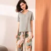 Summer women's V-neck Big Leaf Printed Pajamas Suit Ladies Cotton Silk Simple Style Loose Soft Homewear Women 220329