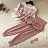 Coréen perlé amour imprimé tricoté doux 2 pièces femmes à manches courtes perles chandails femme hauts + pantalon costume rose survêtement décontracté 220315