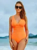 Women's Swimsuit One Piece Cross Back Bandage Swimwear Orange V Neck Bodysuit V Waist Beach Bathing Suits 2022 Feminine Monokini Y220423