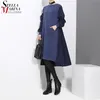 Hiver Femme À Manches Longues Bleu Noir Patchwork Pull Robe Poche De Laine Dames Lâche Casual Midi Robe Style Robe 3030 201008