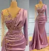 2022 Light Purple Mermaid Evening Dresses Wear Sheer V Neck Crystal Beaded Long Sleeves Formal Prom Party Second Reception Special Occasion Gowns