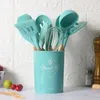 Silicone Kitchen Utensil Set 12 Pieces Cooking with Wooden Handles Holder for Nonstick Cookware Spoon Soup Ladle Slotted Whisk Tongs Brush Pasta Server SN4974