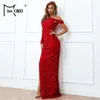 Missord Autumn Asymmetrische schouderpailletten Lange Mouw Party Jurken High Split Maxi Women Red Dress Elegant Evening Vestido 220510