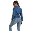 Damenjacken Frühling Herbst Damen Kurze Denim-Taillenjacke Blau Solid Vintage Streetwear Stehkragen Schnür-Demin-Mantel 120963W
