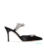 2022 luksusowe sandały luksusowe buty dla kobiet wysokie obcasy liści krystalicznie satynowe muły Sandalias Sandalias Seksowne spiczaste palec u nogi