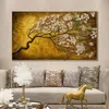Vintage ağaç tuval boyama retro altın çiçek posterler ve baskılar duvar sanat resimleri oturma odası için ev dekor kapalı dekor
