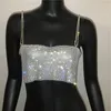 Sexig guld silver sommar glänsande kristall kedja tank topp metall s halter backless vest party clubwear outfits 220316