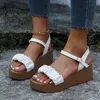 Sandalen Niedlich Weiß Für Frauen Solide Damen Farbe Plattform Lässig Offene Schnalle Plissee Zehe Keil Mode Damen 9Sandalen