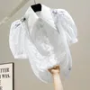 Blusas de mujer Camisas Manual con cuentas de solapa grande Organza Blusa Jacquard para mujeres 2022 Camisa de manga corta transparente de verano Exquisito Wh
