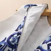 여름 민소매 둥근 목 미니 드레스 페이즐리 프린트 자카드 패널 짧은 우아한 우아한 캐주얼 파란색과 흰색 도자기 드레스 22q151633