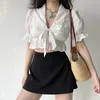 Karrram Lace Patchwork Blouse Puff Sleeve Shirt V-neck Bandage Embroidery Crop Top White Short Sleeve Shirts Korean Style 220520