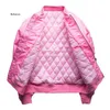 Mens Pink Bomber Jacket Padded Aviator Jackets Zippered Sleeve Pocket Stand Collar Baseball Jacket Military Style Pink Coat Y220803