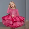 Girl's Dresses Fuchsia Glitter Flower Girl Dress Sparkling Long Sleeves Scoop Neck Ruffles Puff Birthday Party Gown Toddler Pageant