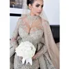 Lyxkristallpärlad sjöjungfru mulslim brudklänning med löstagbart tåg sexig höghals långa ärmar arabiska bröllopsklänningar