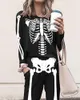 Women's Two Piece Pants 2022 Jumpsuit For Ladies Halloween Skeleton Print Top & Pocket Design Set Outfits Skull