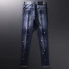 Hommes Jeans Hommes Streetwear Mode Hommes Rétro Bleu Foncé Élastique Slim Fit Déchiré Peint Designer Marque Hip Hop Denim Punk