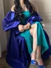 Elegant Hunter Sheath Prom Dresses With Royal Blue Wrap Cap Side Split Strapless Off Shoulder Long Sleeve Formal Evening Gowns Color Match Satin Party Outfit