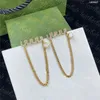 Chain Tassel Earring Diamond Inlay Letter Stud Charm Classic Gold Earrings Women Party Ear Jewelry
