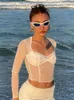 Fashion Lace Trim Mesh Crop Tops 90s Aesthetics Patchwork Square Neck Long Sleeve White Sexy Tees Summer T Shirts 220714