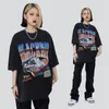 T-shirt män racing biltryck tvättad grå nöd o-hals bomullstoppar harajuku streetwear casual hip hop stora t-skjortor