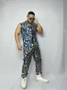 Men's Hip Hop Dance Costume Glitter Stage Wear Stars Pattern Laser Sequins Sleeveless Zipper Jumpsuit Rock Band Singer Dancer Team Nightclub Performance Clothes