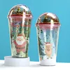 15oz / 450ml Bouteilles à double couche de dessin animé de Noël Tasse à paillettes Gobelet en plastique réutilisable à boire transparent à fond plat en forme de pilier avec couvercle en paille en gros Z11