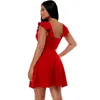 Party Dresses Youth Red Satin Short Mini Homecoming Dress 2022 för examen prom ruffle cap ärmar a-line v-hals Empire Designer Oemparty