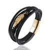 Bangle Men's Classic rostfritt stål fjäder magnetiskt spänne flerskiktsläder armband avslappnad charm smyckenbangle