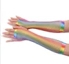 Gants en résille des années 80 Neon Women Girls Party Costume Accessoires Halloween Mesh Fingerless Stretch Gants Arc-en-ciel Mardi Gras Carnaval Props