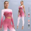 Mulheres Seamless Yoga Set Gym cintura alta Gradiente de cor Leggings Camisetas Top Suit Long Sleeve aptidão Esporte treino de corrida Sportswear Set