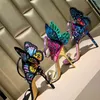 セクシーなラインストーンのカラフルな蝶の翼サンダル女性スティレットジュエルハイヒールのクラブハイヒールの結婚式の靴ハイヒールの結婚式の靴Whatsapp：+ 8618672674918