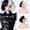 Cruella de Vil Cosplay 가발 하프 흰색 검은 합성 짧은 파동 가발을위한 앞머리 가발 내열 자연 모발 220505