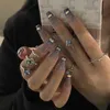 False Nails 24pcs Dark Style 3D Rhinestone Inlaid Fake With Glue Temovable Long Paragraph Fashion Manicure Fully Covered Nail Decor Prud22