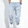 Mäns Jeans 2022 Streetwear Hip Hop Cargo Byxor Män Solid Färg Rippad Elastisk Midja Casual Studentbyxor för Dagligt Slitage