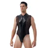 Erkek Vücut Şekillendiricileri Erkekler Parlak Metalik Rugan Clubwear Tam Örgü Ekleme İç Çamaşırı Bodysuit Çift Fermuarlı Yüksek Kesim Tanga Tek Parça Mayolar