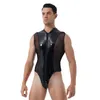 Hommes Body Shapers Hommes Brillant Métallique En Cuir Verni Clubwear Sheer Mesh Splice Lingerie Body Double Fermeture Éclair Coupe Haute String Justaucorps Bodys