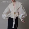 TWOTYLE Vintage Organza Frauen Bluse Revers Kragen Spitze Up Bogen Laterne Langarm Hit Farbe Hemd Weibliche Mode 220815