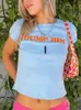 ALLNeon Cute 2000s Aesthetics Letter Print Blue Baby Tees Y2K Streetwear O-neck Short Sleeve Crop Tops Women Fashion Slim 220408