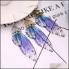スタッドバタフライウイングイヤリング妖精レインボーグラディエントパープルピンクブルー樹脂ラインストーン女性結婚式の配達2021 DHJQ0のためのロングドロップ